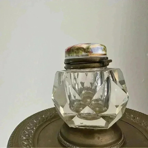 Rare Signed Antique Angelica Kauffman Inkwell Glass Jar on Brass Tray - Picture 6 of 13